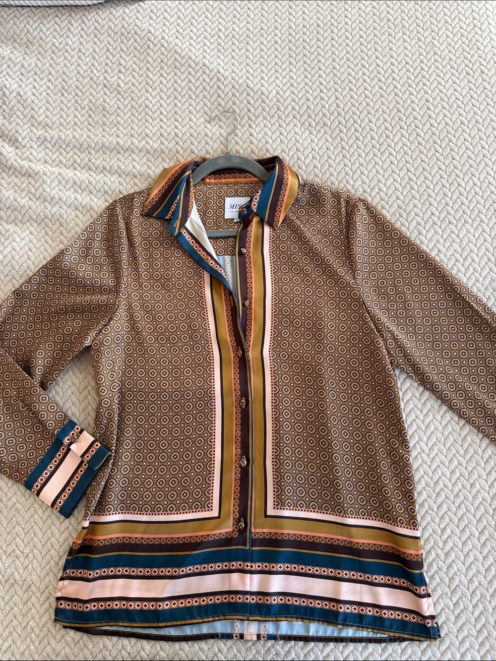 Misa Los Angeles Brown Geometric Button-Front Blouse with Stripe Accents